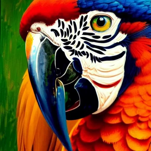 Image similar to allover painting close up portrait of elegantly beautiful, sophisticated, slender rich queen, macaw parrots, intricate eye detail focus, baroque, batik, by norman rockwell, range murata jeremy lipking, trending on pinterest, vivid 8 k, sharp depth of field, pristine global illumination, circuit bent synthesis.