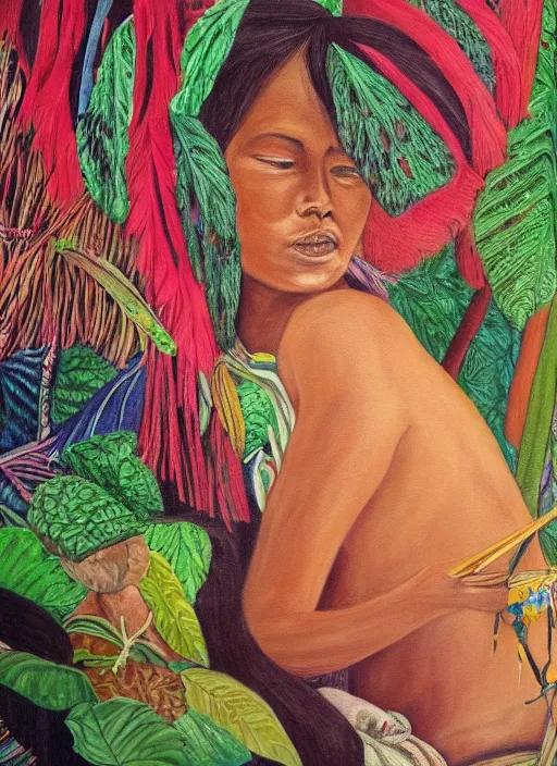 Prompt: a beautiful painting of an indigenous female doing crafting of a beautiful fabric in the jungle, realistic face and body, ayahuasca, trending on deviant art