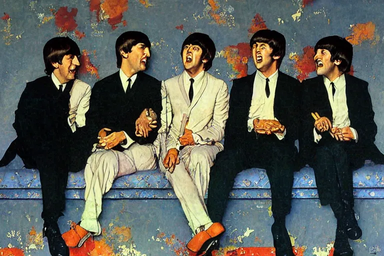 Prompt: painting of The Beatles, by Norman Rockwell