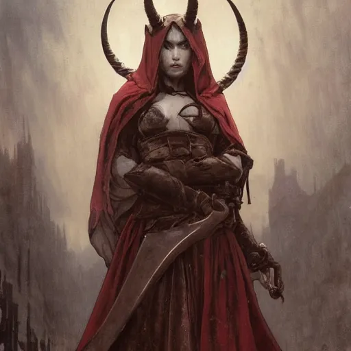 Image similar to masterpiece portrait of a surly and resentful female tiefling thief with horns clothed in ragged clothes and a cloak, by Greg Rutkowski and John Collier and Krenz Cushart and Artem Demura and Alphonse Mucha and Albert Aublet, as seen on ArtStation, 4k, dungeons and dragons, very aesthetic, very detailed, intricate, unreal, fantasy, dramatic, painterly, artstation, sharp focus, smooth