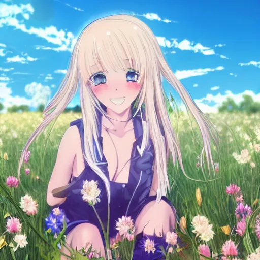 Prompt: beautiful anime transgender blonde girl sitting in a field full of flowers, highly detailed, realistic, dynamic lighting, cinematic, masterpiece, trending on artstation,-W 768