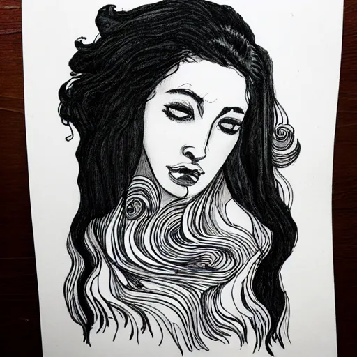 Image similar to A black ink portrait of a lonely beautiful woman with the the constellation in her beautiful black flowing hair, inktober