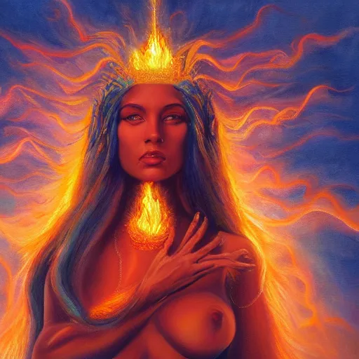 Prompt: A beautiful painting of a female divine being with flames as her body by Jim Burns, 8K, ultra-detailed , Trending on artstation.