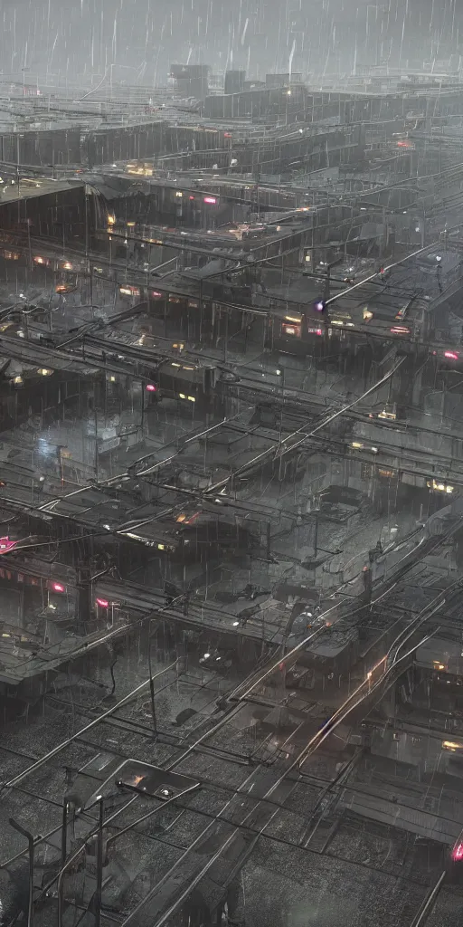 Image similar to !Train station!, equirectangular projection grid of a futuristic bladerunner, trains, cyberpunk, train station in the rain at night, volumetric lighting, 4K, Spherical, Panorama, RealityEngine, PhotoRender, hyperdetailed, cinematic