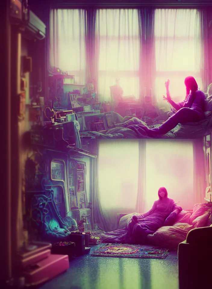 Prompt: telephoto 7 0 mm f / 2. 8 iso 2 0 0 photograph depicting the feeling of chrysalism in a cosy safe cluttered french sci - fi ( ( art nouveau ) ) cyberpunk apartment in a pastel dreamstate art cinema style. ( person relaxing living room near ) ( ( fish tank ) ), ambient light.