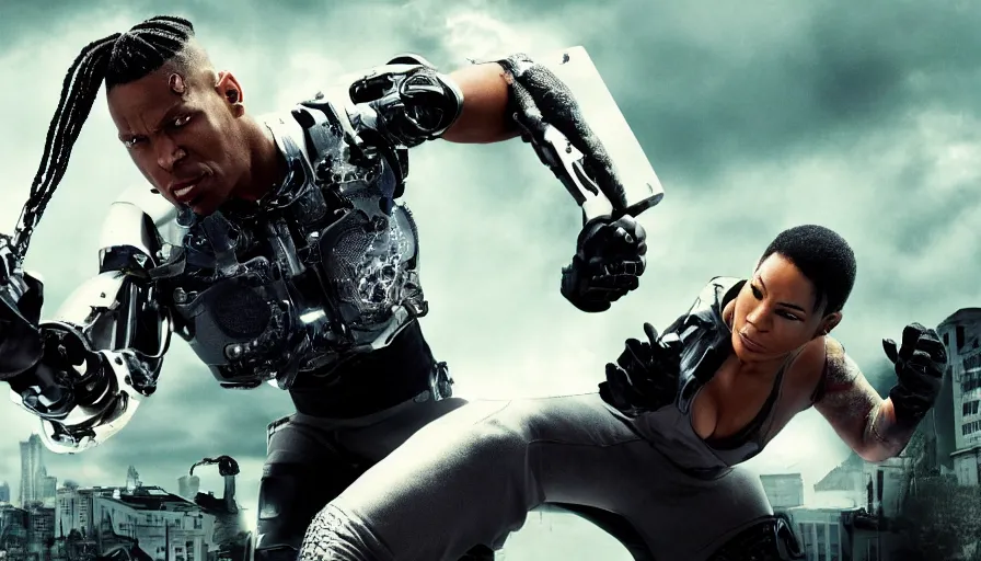 Image similar to big budget action movie about cyborg fighting a policeman