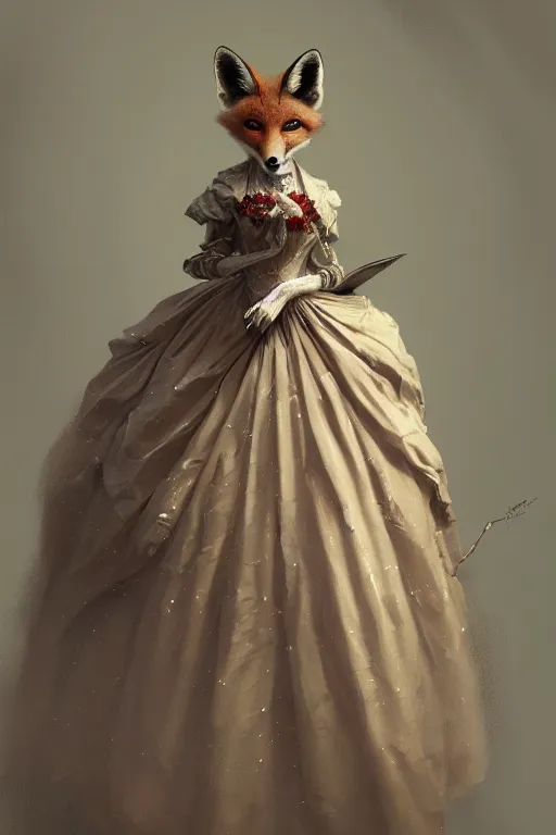 Prompt: portrait of an anthropomorphic fox in a victorian - era ballgown, dramatic lighting, highly detailed, digital painting, artstation, concept art, smooth, sharp focus, illustration, art by wlop, mars ravelo and greg rutkowski