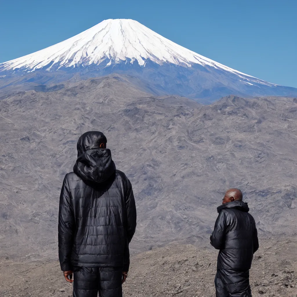 Image similar to old black man, silver metallic moncler jacket, mt fuji in background,