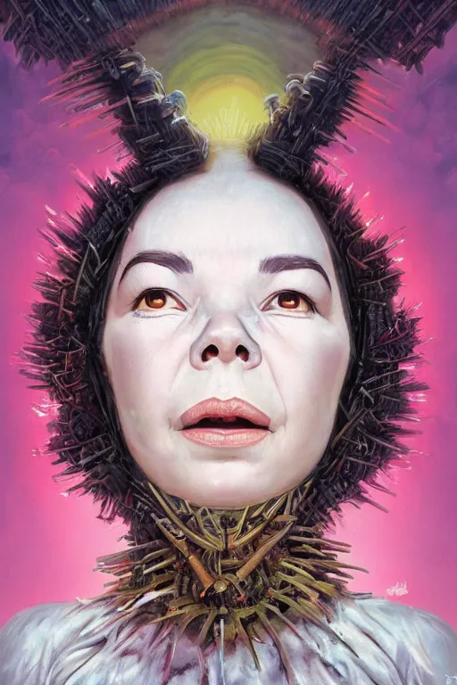 Image similar to 2 0 year old bjork portrait by hubert robert and lee madgwick and roger dean and jacek yerka, dan mumford and alex grey style, soft lighting, 4 k hd wallpaper illustration concept joy atmospheric lighting