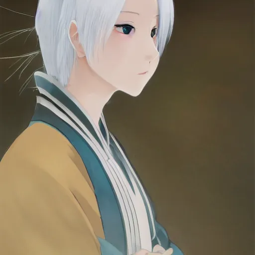 Image similar to Portrait of a japanese princess young lady, with white hair and bangs!!!! beauty artwork by Makoto Shinkai, Studio Ghibli, white hair, ayaka genshin impact, ayaka, ayaka game genshin impact, ayaka, extremely detailed, beautiful, establishing shot, artistic,