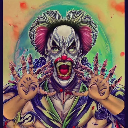 Image similar to 4K headshot of godlike clown with defined arms and open hands and bloody clothes with giant mandala wings , intricate clown face make-up , flawless anime cel animation by Kentaro Miura, psychedelic , highly detailed upper body , professionally post-processed , beautiful, scary, symmetry accurate features, epic, octane rendered, anime masterpiece, accurate