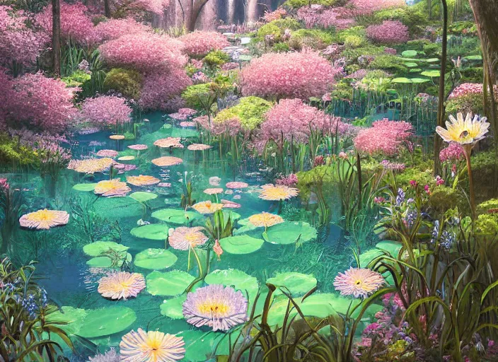 Image similar to An overgrown room, flooded with crystal clear water, overgrown with lily pads, lush bushes and colorful flowers, digital art, trending on Artstation, immaculate scale, amazing composition, detailed painting