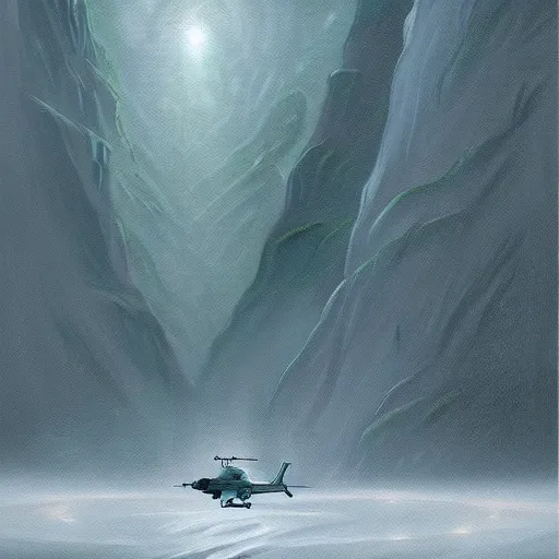 Prompt: a beautiful painting about a futuristic military helicopter landing in a misty rainforest, surrounded by mountains and snow. Featured on Artstation. angelic fluffy alien rivulet cylinder civet photon melon curd, by Evard