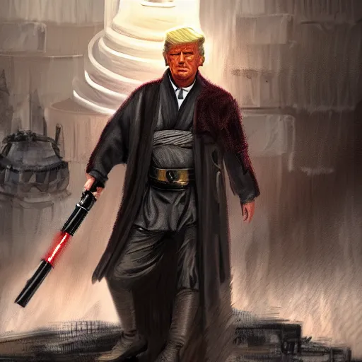 Image similar to Donald Trump as a jedi hero, capitol hill, post-apocalyptic, cinematic, atmospheric, highly detailed, artstation, Emanuel Leutze, Carl Wahlbom