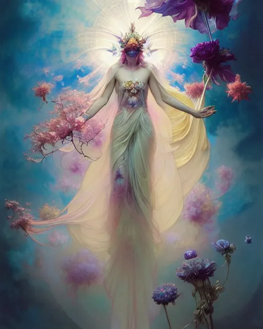 Image similar to Full View ultrarealistic Portrait ethereal fantasy deity wearing beautiful gown, rising in the air levitating, flowers, calm, 4k digital masterpiece by Anna Dittman and Alberto Seveso Ruan Jia, rossdraws, artgerm and greg rutkowski and alphonse mucha and loish and WLOP, fantasycore, Hyperdetailed, fractals, scribble art, realistic digital painting, atmospheric, fireflies, soft lighting, featured on Artstation