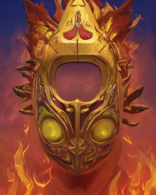 Prompt: happy mask salesman from zelda : majora's!!! mask, full body photo, flames everywhere, highly detailed, digital painting, artstation, concept art, smooth, sharp focus, illustration, art by artgerm and greg rutkowski and alphonse mucha