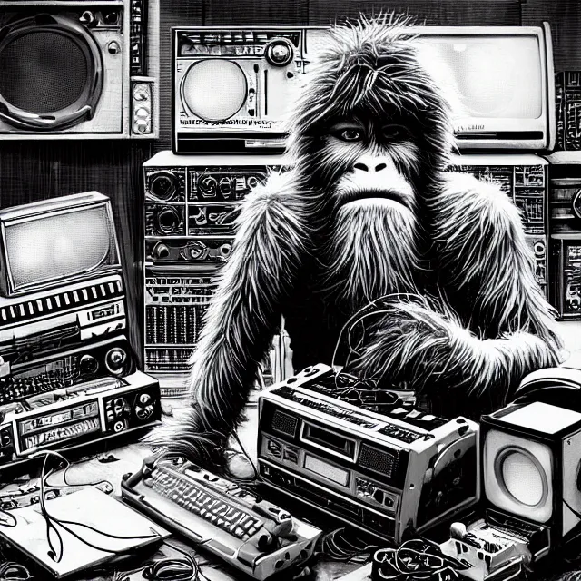 Image similar to a portrait of an anthropomorphic cyberpunk yeti podcasting while working in his secret electronics lab, detailed render, tape deck, microphone, boombox, headphones, epic composition, cybernetics, 4 k realistic, cryengine, realistic shaded lighting, sharp focus, masterpiece, by matteo scalera, gary montalbano, peter elson in the style of the tokyo ghost comic