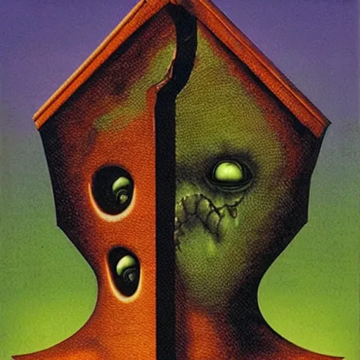 Prompt: a house with a face, looking surprised, by richard corben. pulp horror art