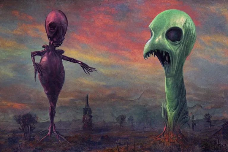 Image similar to a tall terrifying alien. in the style of american impressionism painting and in the style of a 1 8 0 0 s realism painting.