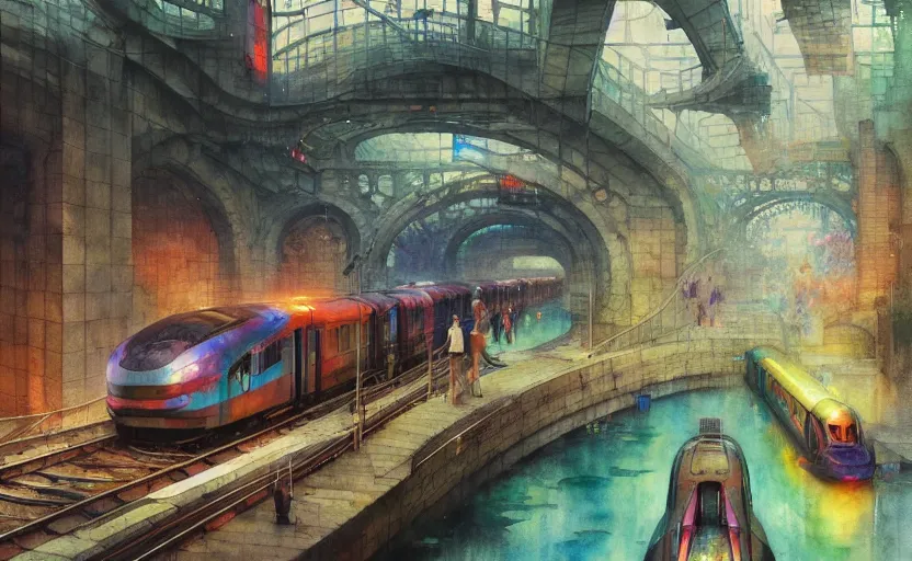 Image similar to an urban train rides inside of a waterway on a fantasy city. intricate, amazing composition, colorful watercolor, by ruan jia, by maxfield parrish, by marc simonetti, by hikari shimoda, by robert hubert, by zhang kechun, illustration, gloomy