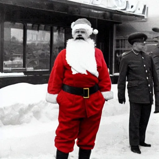 Image similar to stalin standing outside mcdonalds, dressed as santa, color historical photo