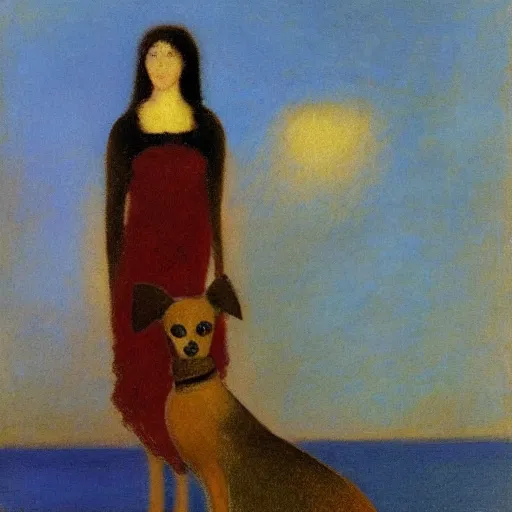 Image similar to a woman and her black and brown chihuahua stand by the sea by odilon redon