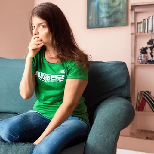 Image similar to a sad woman with brown hair in a green t - shirt wearing blue denim shorts sitting on a brown sofa. she has given up on her fantasy football team