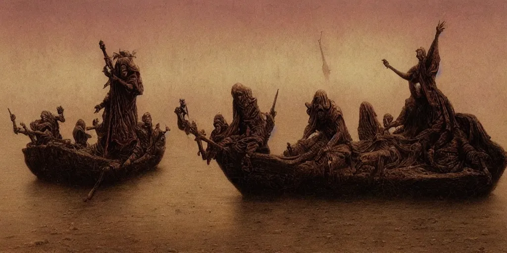 Prompt: ferrying deceased souls across the river and into the underworld by beksinski, wayne barlowe