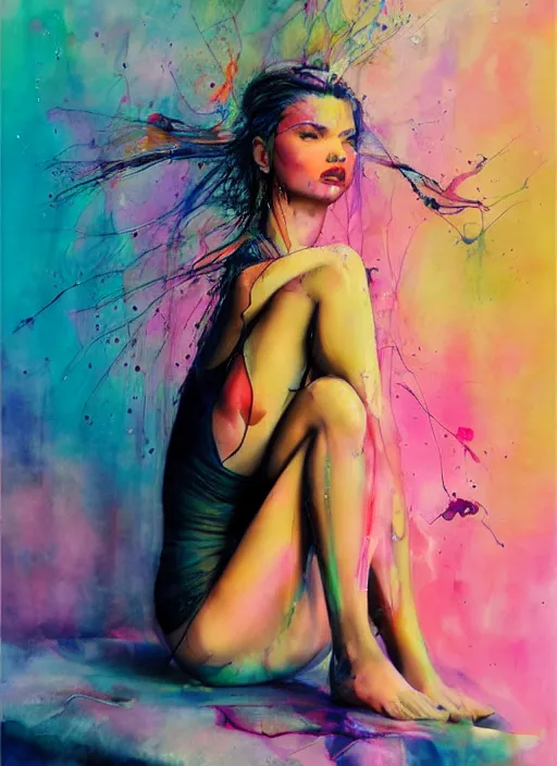 Prompt: adriana lima by agnes cecile and enki bilal, sitting on a stool, bent over posture, full body portrait, extremely luminous bright design, pastel colours, drips, autumn lights