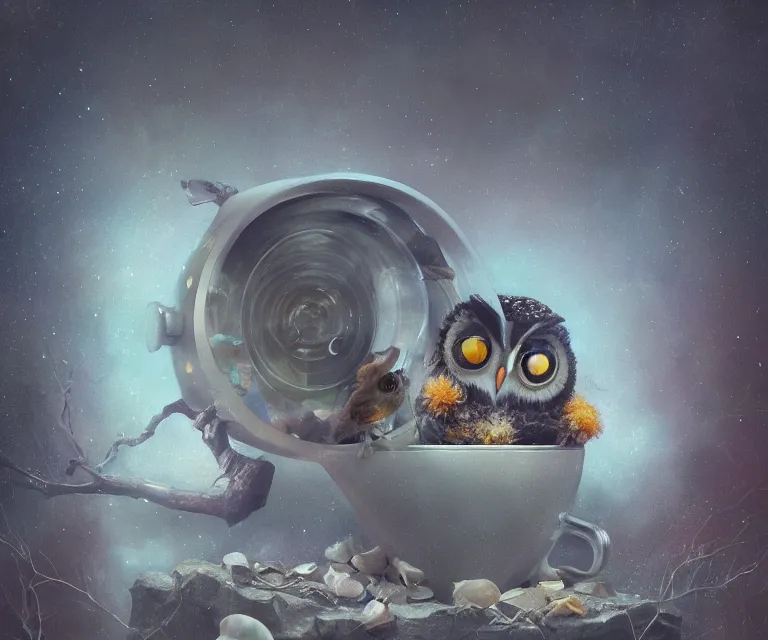 Image similar to long shot of a very cute owl chick nesting in a very futuristic cup, esao andrews, humorous illustration, hyperrealistic, big depth of field, warm colors, night scenery, low light, 3 d octane render, 4 k, conceptart, hyperdetailed, hyperrealistic, trending on artstation