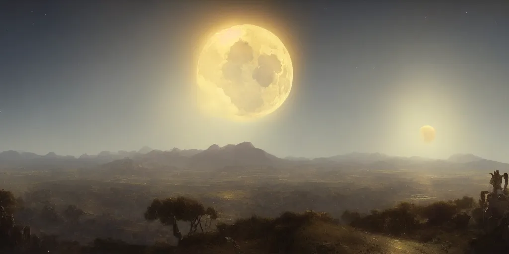 Prompt: perfectly round moon exploding over a matte la landscape, by john howe and greg rutkowski and albert bierstadt, unreal engine, trending on artstation, barometric projection, rectilinear, f 8