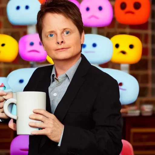 Image similar to Michael J Fox drinking holding mug with a poop emoji