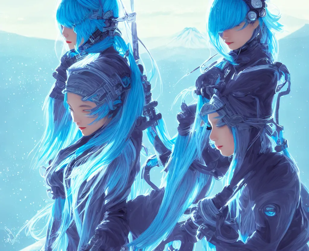 Image similar to portrait light cyan hair ninja gaiden girl, black plus little blue ninja wardrobe, at snowy fuji mountain sunrise, ssci - fi and fantasy, intricate and very very beautiful, detailed, digital painting, artstation, concept art, smooth and sharp focus, illustration, art by tian zi and wlop and alphonse mucha