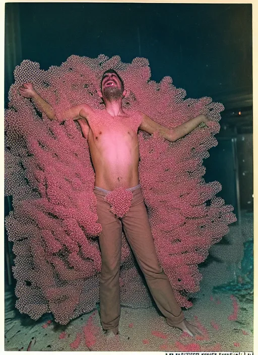 Prompt: realistic photo of a blurred face of an gay man, covered in shriveling dead coral reef, emitting aura, floating in the air with his arms stretched out, dancing in a gay night club with a spotlight shining on him 1 9 6 0, life magazine photo, natural colors, metropolitan museum, kodak, 8 k, very detailed, high resolution, product photo,