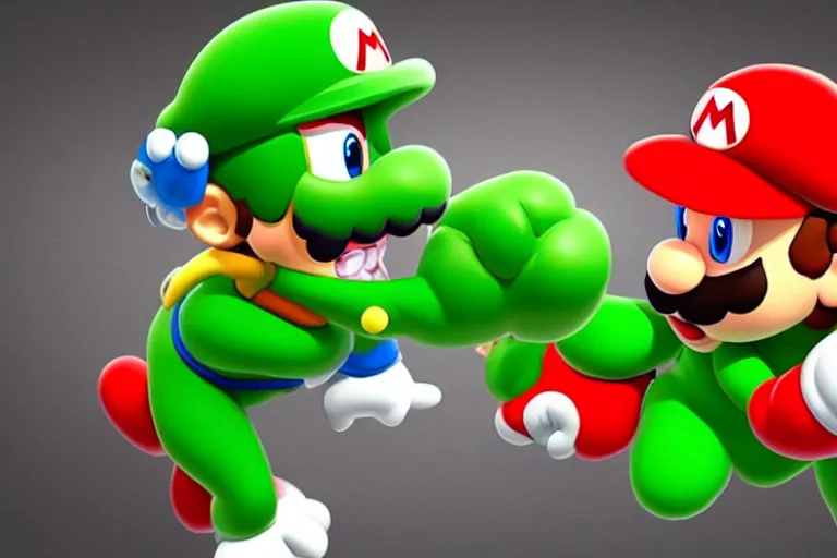 Prompt: a photo of mario punching yoshi in the face, photorealistic, 8 k