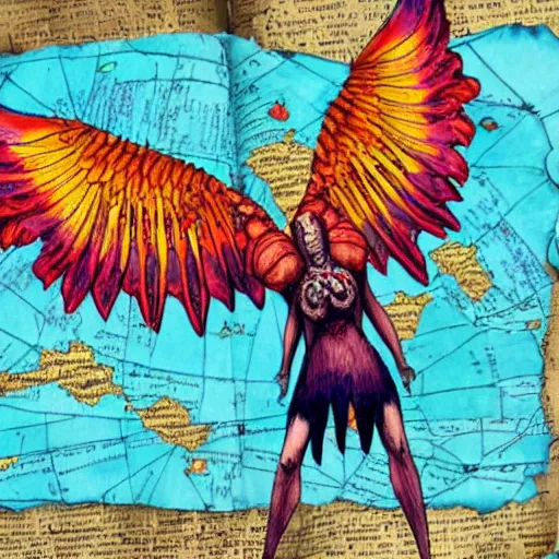 Image similar to A banshee with large and colorful wings kneels down by an old paper map while eating a piece of meat.