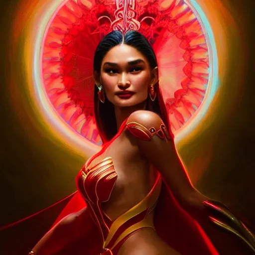 Image similar to pia wurtzbach as darna, volumetric lights, red and cyan theme, art nouveau botanicals, intricate, highly detailed, digital painting, artstation, concept art, smooth, sharp focus, cinematic, illustration, beautiful face, art by artgerm and greg rutkowski and alphonse mucha