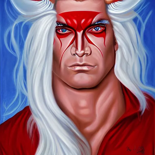 Prompt: buffed guy, long white hair, horns, red eye makeup, painting by by ralph grady james, jean christian biville