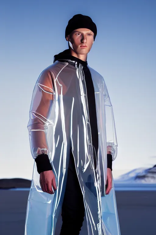 Image similar to an ultra high definition professional high fashion portrait studio full length photograph of a male model wearing a transparent pearlescent raincoat and neon visor in an icelandic black rock environment at dawn. no artefacts. extremely detailed. stark. refraction. shallow depth of field. volumetric light and shadow. ray tracing. light rays.