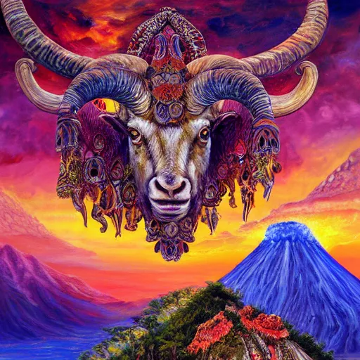 Image similar to horned ram goddess, checking her cell phone, erupting volcano in distance, sunset, flowers in foreground, zodiac, fantasy acrylic on canvas, intricately detailed, highly detailed, high resolution, hdr, 8 k, artist, trending on artstation, painting by senior concept artist josephine wall