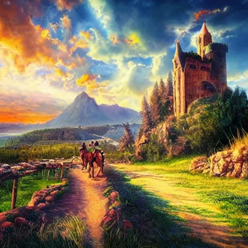 Image similar to a beautiful landscape with a castle, setting sun and a knight on horseback riding towards the viewer via a narrow winding path, epic sky, very realistic and colorful, realism, many details