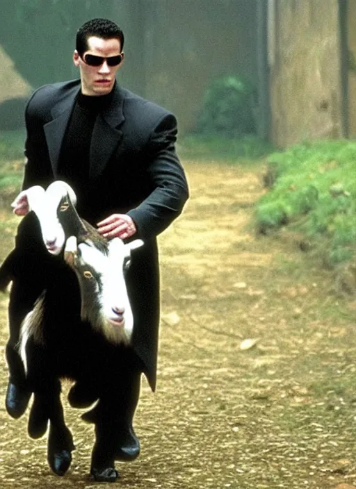 Image similar to film still of a goat as neo in the matrix, gameplay, 8 k, hd