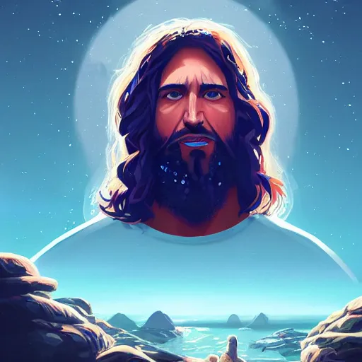 Image similar to portrait of jesus christ as a member of kiss the rock band, mattepainting concept blizzard pixar maya engine on stylized background splash comics global illumination lighting artstation lois van baarle, ilya kuvshinov, rossdraws