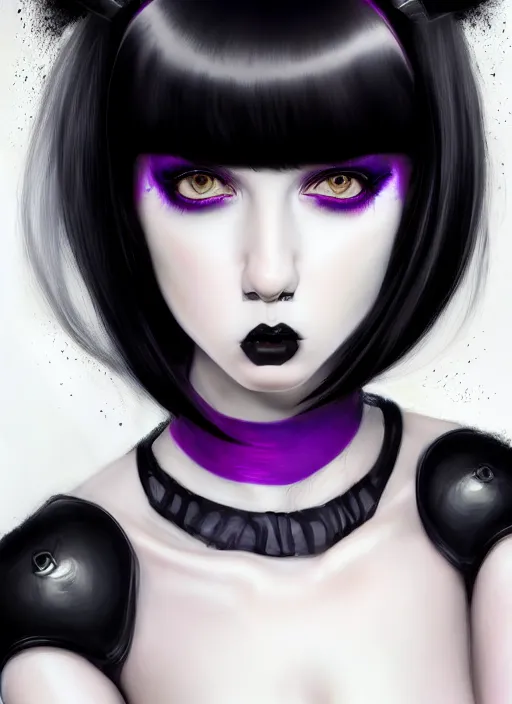 Image similar to portrait of white teenage girl, normal face, black bangs, mall goth, cyberlox, black hair with white bangs, black and white hair, bangs, fluffy bangs, red contacts, purple lipstick, intricate, elegant, highly detailed, digital painting, artstation, concept art, sharp focus, smooth, illustration, art by wlop, mars ravelo and greg rutkowski