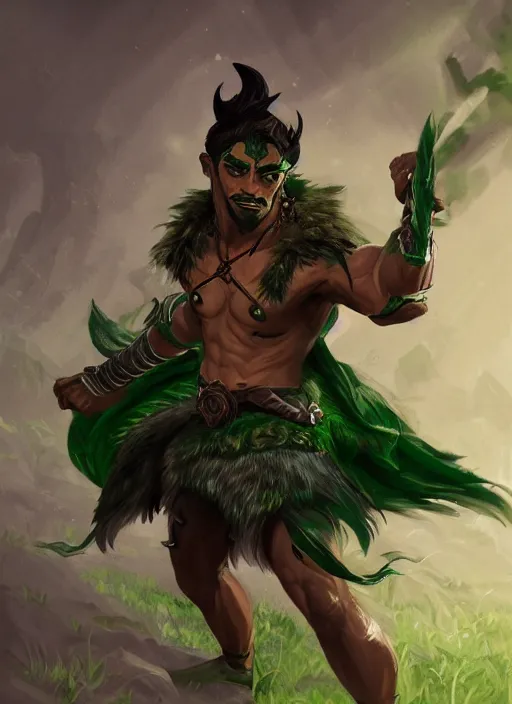 Image similar to a highly detailed illustration of fierce attractive young tanned green haired tribal boy wearing green wolf cape, heroic wielding club pose, muscular, intricate, elegant, highly detailed, centered, digital painting, artstation, concept art, smooth, sharp focus, league of legends concept art, wlop