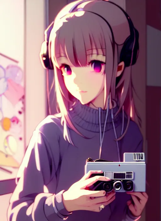 Image similar to a film still polaroid portrait of a young gamersgirl at a gaming pc, finely detailed features, perfect art, busy room, gapmoe yandere grimdark, trending on pixiv fanbox, painted by ilya kushinov makoto shinkai takashi takeuchi studio ghibli, akihiko yoshida, sachin teng, huang guangjian, artstation