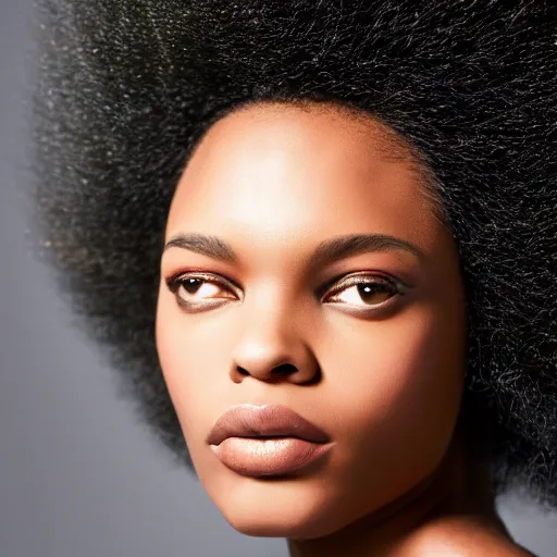 Image similar to close up of head of a black fashion model with large afro, gta editorial of vogue magazine, highly detailed