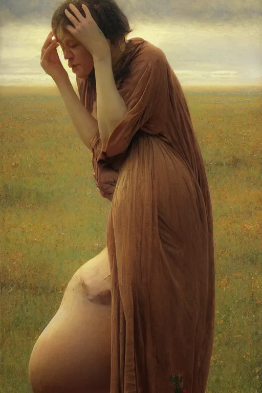 Prompt: starving pregnant woman, by Alyssa Monks, Edmund Blair Leighton