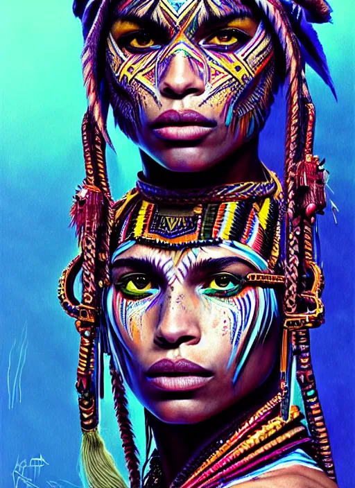 Prompt: portrait of zoe kravitz, hyper detailed ultra sharp aztec shaman warrior. trending on artstation, warpaint aesthetic, bloodwave, colorful, psychedelic, ornate, intricate, digital painting, concept art, smooth, sharp focus, illustration, art by artgerm and greg rutkowski and h. r. giger, 8 k