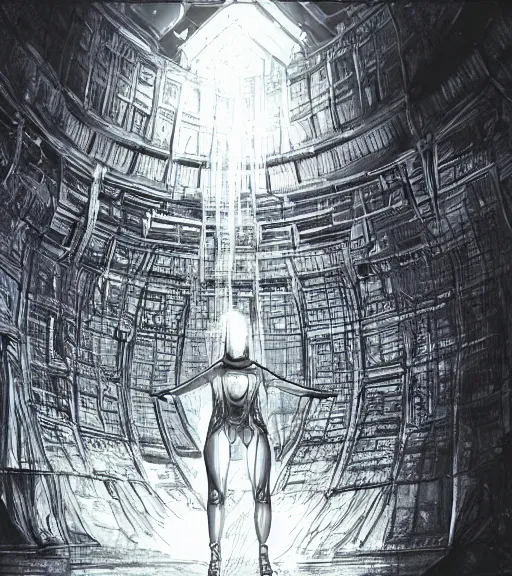 Prompt: tarkovsky scene, epic ancient tower of babylon above a woman in transparent cyber clothing, hyperrealistic, blame, manga style, drawing by tsutomu nihei, cyber world, concept art, hyper - detailed, smooth, masterpiece, epic, cinematic, high quality